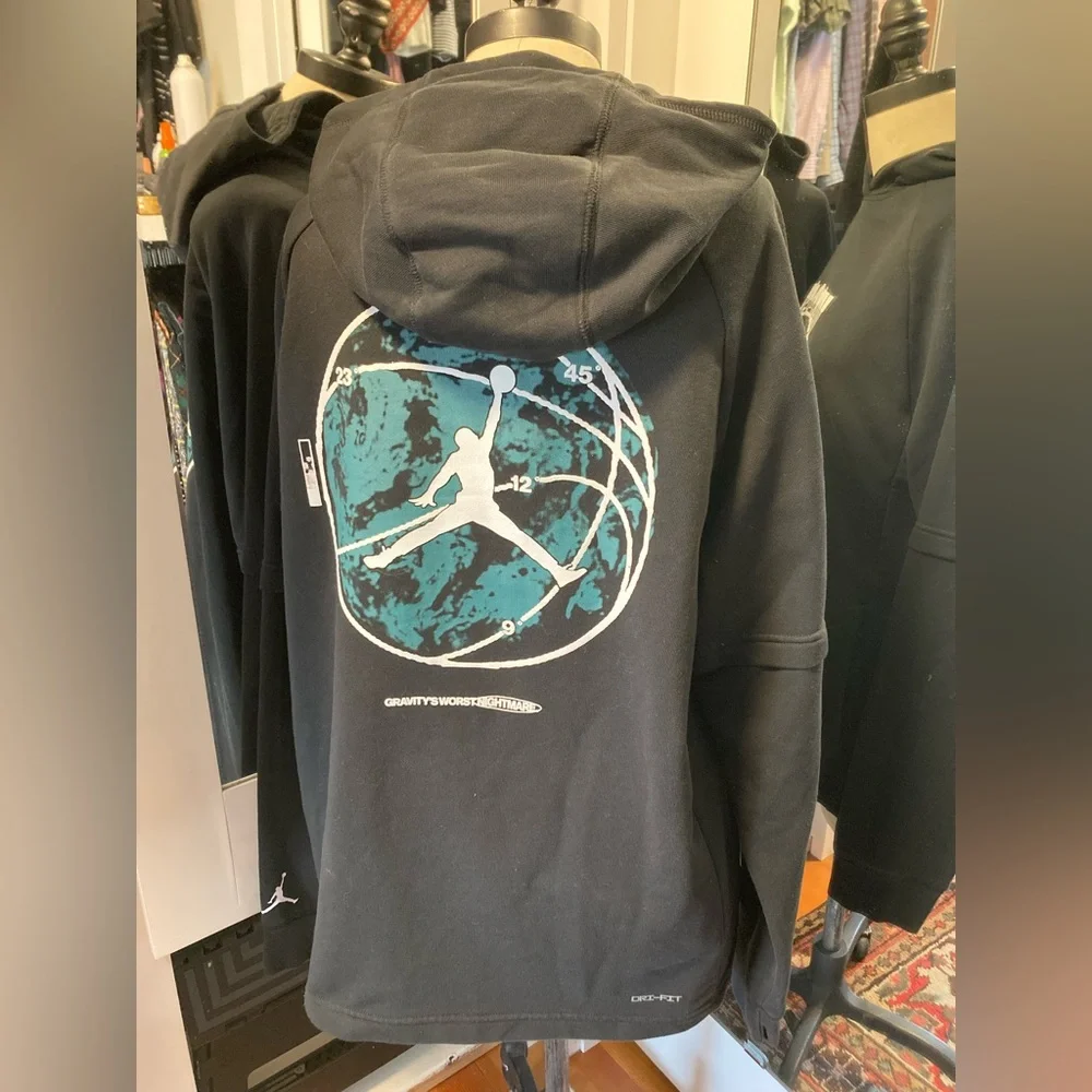 Jordan Men’s Black Hoodie with Teal Graphic and Front Pockets, Size Large